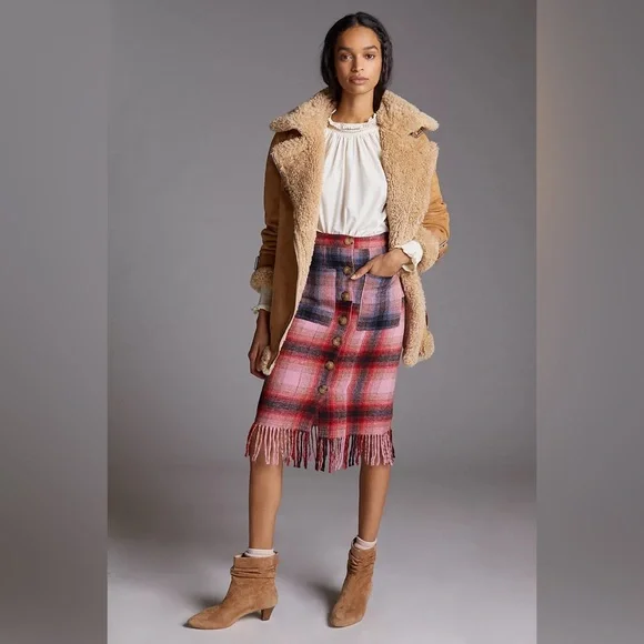 Anthropologie | Maeve Fringed Midi Skirt Plaid Pink Buttondown Christmas New 6 - Picture 3 of 15
